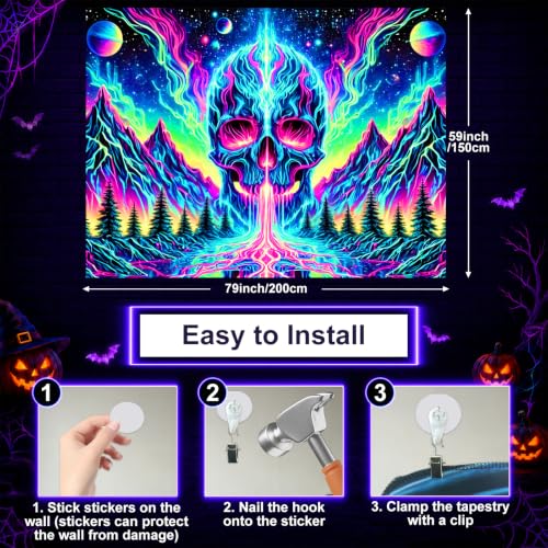 Blacklight Tapestry Skull Mountain Neon Wall Art 78 x 59 Inch