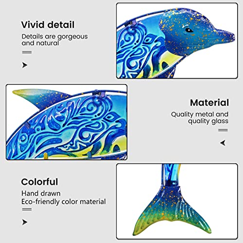 Dolphin Wall Decor Outdoor Metal FIsh Sea Hanging Art Glass Sculptures Home Ocean Theme Decorations for Living Room
