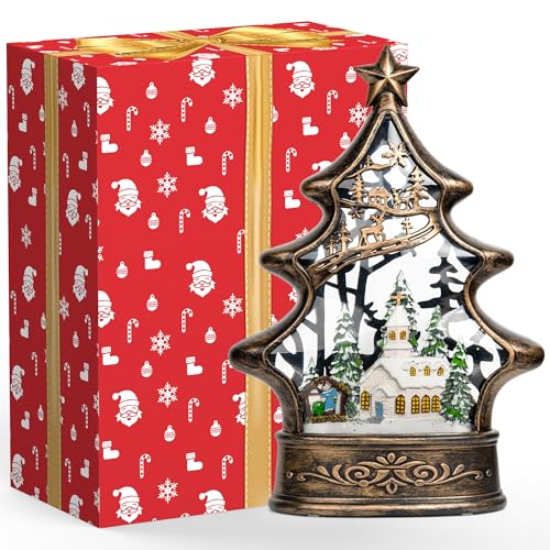 Musical Snow Globe Christmas Tree Lantern Lighted Church with Nativity Manger Scene Water Lantern in Swirling Glitter