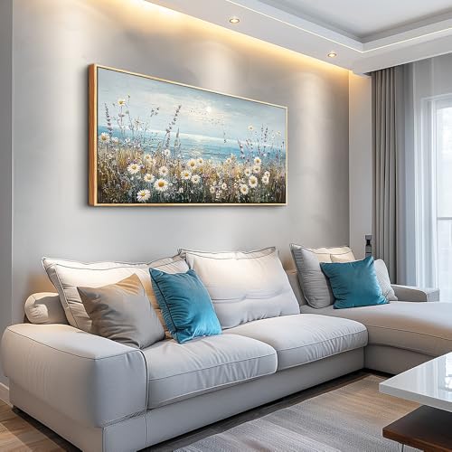 Large Canvas Wall Decor For Living Room Restaurant Wall Art For Bedroom Office Mural Blue Ocean Painting Flowers Watercolour Wall Pictures Printing Artworks Home Decor Wood Framed 24x48In
