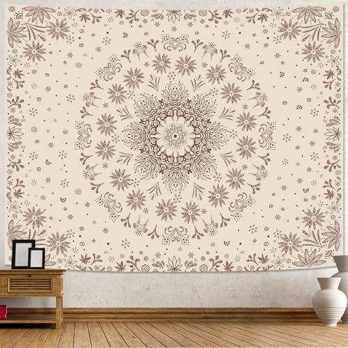Boho Floral Mandala Tapestry Wall Hanging Bohemian Flower Medallion Tapestry Aesthetic Beige Brown Hippie Indian Small Tapestries for Bedroom Living Room Dorm Decor 80 x 60 Inch