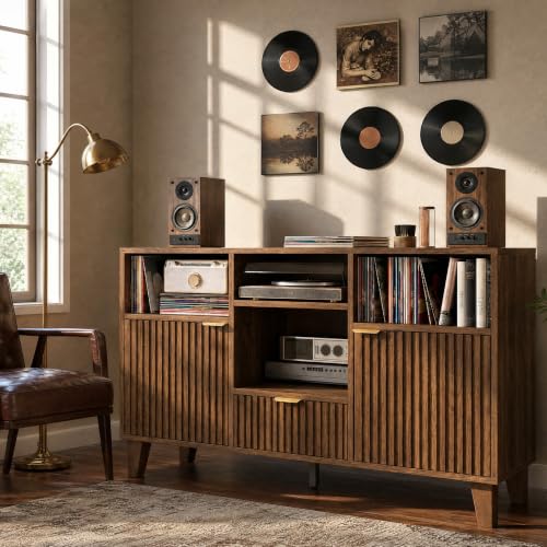 Large Round Record Player Stand with Vinyl Record Storage & Charging Station