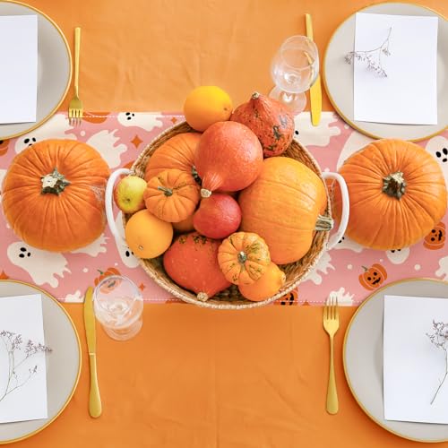Pink Halloween Table Runner Cute Ghost Table Cover Spooky Halloween Kitchen Dining Decoration for Indoor Outdoor Home Party Supplies