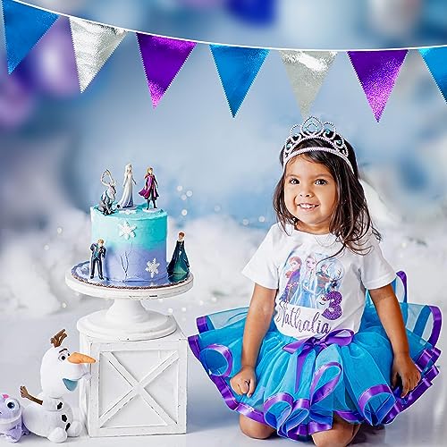 Frozen Party Decoration Purple Blue Silver Metallic Fabric Triangle Pennant Banner Flag Bunting Garland for Frozen Winter Wonderland Christmas Birthday Wedding Baby Shower Bridal Shower Party Supplies (32 Foot)