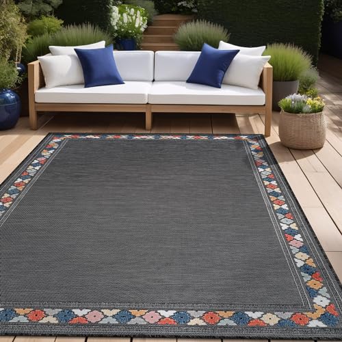 Outdoor Rug 5x7 Modern Bordered Area Rugs for Indoor and Outdoor Patio Easy to Clean Non Shedding Living Room Porch Garden Washable Outside Carpet