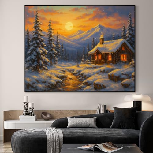 46"x60" Extra Large Framed Wall Art Cozy Cabin in Snowy Mountain Landscape at Sunset for Home Living Room Bedroom Decor