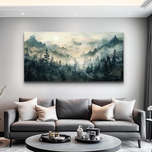 Large Canvas Misty Forest Wall Art Mountain View Home Decor For Living Room Bedroom Office Natural Landscape Wall Decoration Painting Modern Printed Artwork Can Be Hung Directly 30x60 In