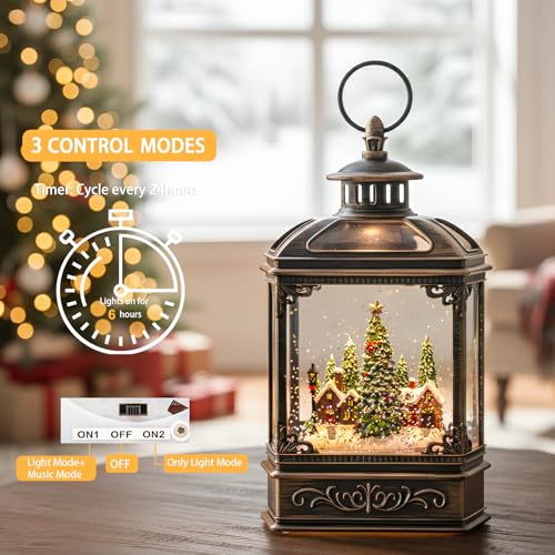 Christmas Snow Globe Lantern Water Glittering Xmas Village with Music & Timer