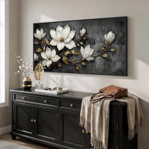 Large Framed Black and White Floral Wall Art for Living Room