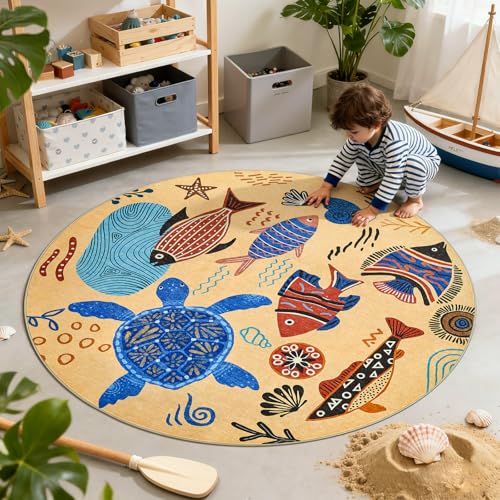 4ft Coastal Round Rug Washable Kids Rug Colorful Ocean Fish Mat Tan (12.57 Sq Ft)