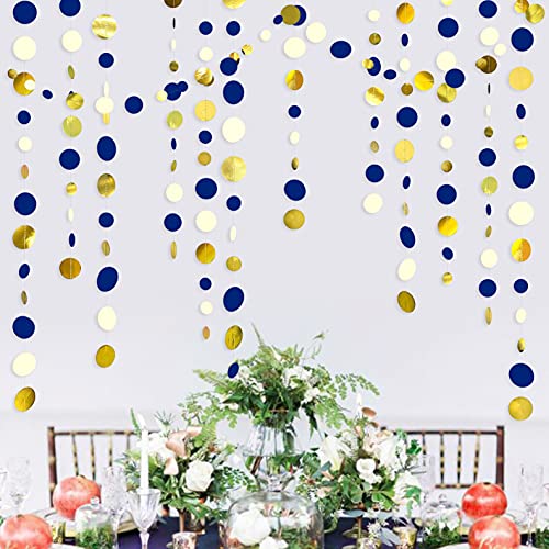 Navy Blue and Gold Circle Dots Garland Royal Blue Hanging Paper Polka Dot Streamer for Birthday Wedding Bridal Shower Graduations Nautical Ahoy Achor Pirate Themed Party Decorations Supplies