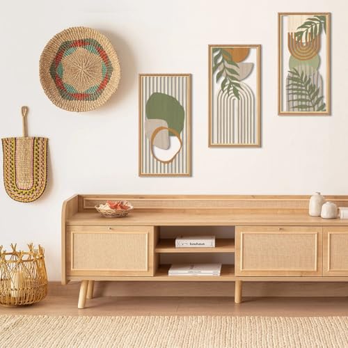Boho Mid century Modern Wood Wall Art 8x16 Inch Framed Green Bohemian Abstract Wooden Wall Decor Set of 3 Minimalist Geometric Leaf Artwork for Living room Bedroom Office