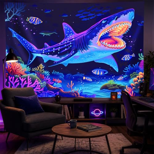 Blacklight Tapestry Shark Underwater UV Backdrop 78 x 59 Inch