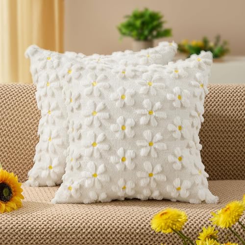 Spring Summer Pillow Covers 16x16 inch Set of 2 White Daisy (2 Count)