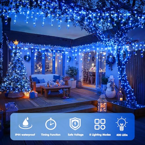 400 LED 38.8 Ft Blue & White Icicle Christmas Lights for Outside (38.8 Foot)