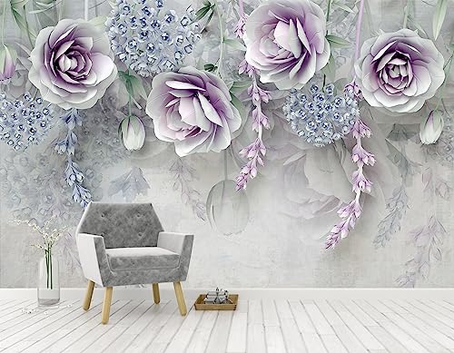 3D Floral Wallpaper Purple and Blue Roses Wall Mural for Bedroom