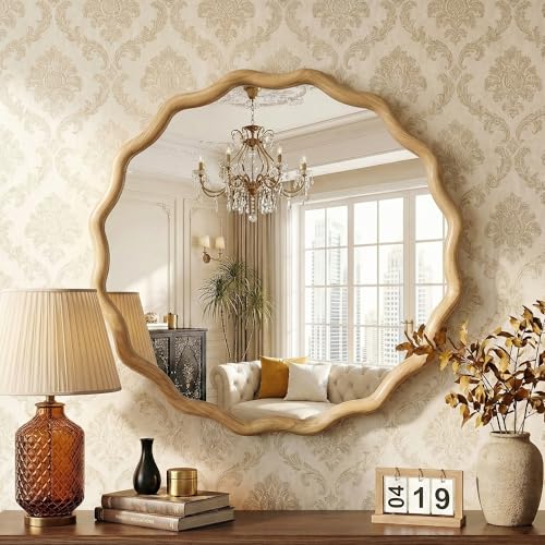 Round Wavy Wood Bathroom Vanity Mirror