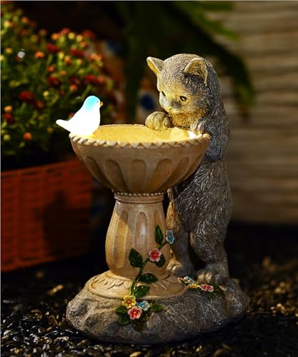 Solar Cat Birdbath Garden Statue