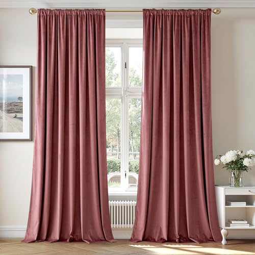 Dusty Rose Pink Velvet Room Darkening Curtains for Bedroom W72 x L84 (2 Count)