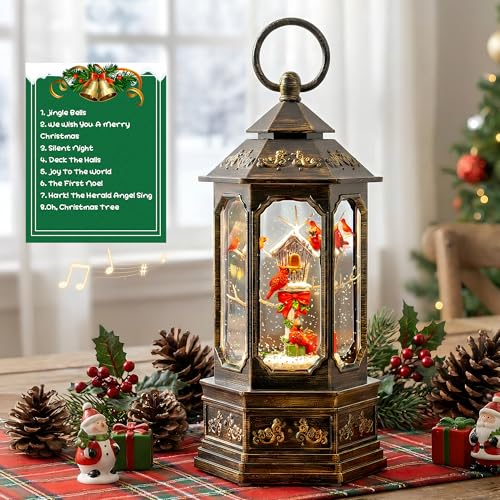 Christmas Snow Globe Lantern Water Glittering 11.6'' Cardinal & Birdhouse with Music & Timer