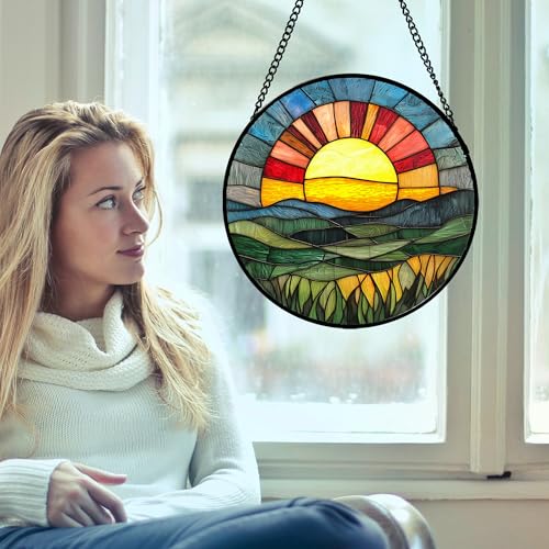 Sunset Gradient Stained Glass Window Hanging Suncatche Gift for Women 9.8"