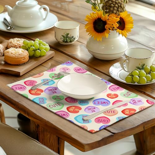 Valentine Pink Love Heart Candy Placemats Set of 4 Valentines Seasonal Table Mats Resistant Washable Dinner Mats for Outdoor Home Party Kitchen Dining 12x18 Inch (4 Count)