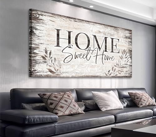 Home Sweet Home Wall Art Sign Large Dark Brown Farmhouse Wall Sign for Living Room Decoration Wooden Board Design Canvas Prints Modern Rustic Artwork Leaf Pictures Wall Decor 24" x 48"