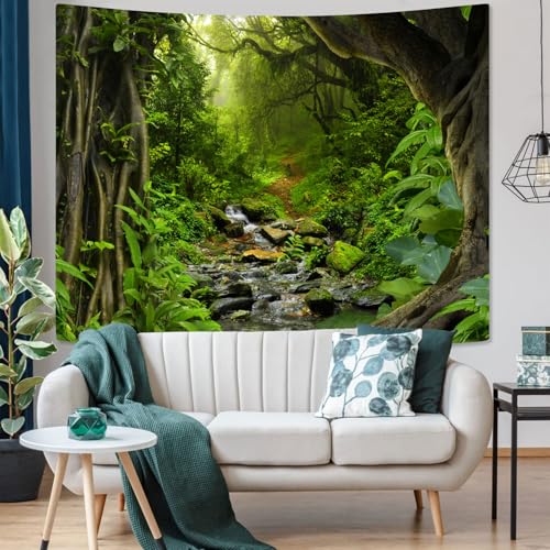 Green Rainforest Tapestry Nature Forest Tapestry for Bedroom Aesthetic Misty Tropical Jungle Trees Flowing Stream Landscape Tapestries Wall Hanging for Living Room Dorm 60 x 44 Inch