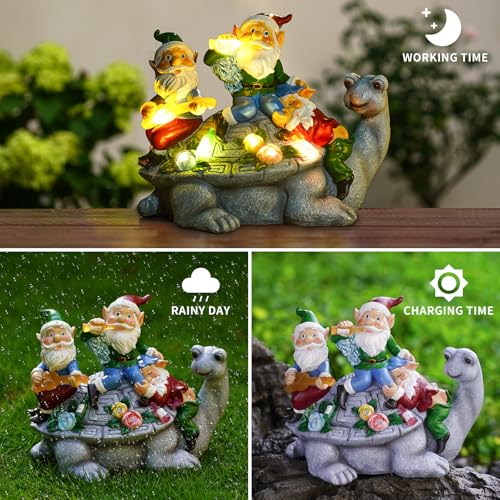 Upgraded Size Solar Garden Outdoor Statues Gnome Turtle Three Gnomes Having Party on Turtle with 7 LED Lawn Decor Outside Decorations for Patio