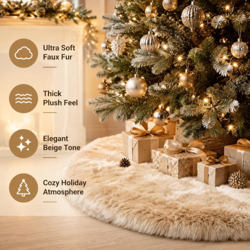 48 Inch Faux Fur Christmas Tree Skirt Beige Plush Skirt for Merry Christmas Party Christmas Tree Decoration