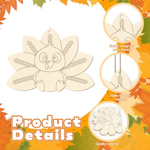 24 PCS Unfinished Wooden Thanksgiving Crafts Turkey Shaped Hanging Ornament (24 Count)