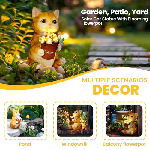 Solar Garden Decor Flower Pot Cat Statues Outdoor