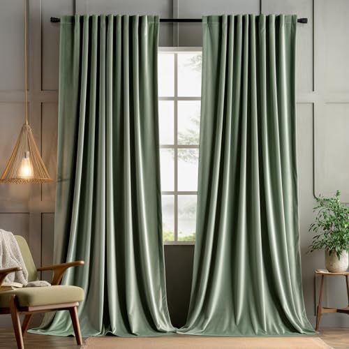 Sage Green Velvet Pinch Pleat Blackout Curtains W52 X L120 Inches (2 Count)