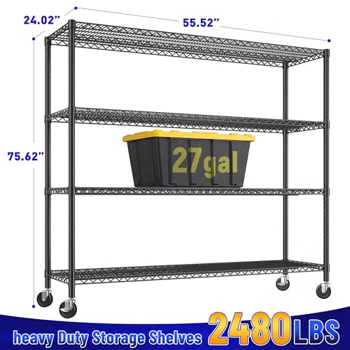 55.52''W Storage Shelves 2480LBS Wire Shelving Unit with Wheels Heavy Duty Metal Shelves for Storage Adjustable Garage Storage Rack Pantry Shelf (3 Count)