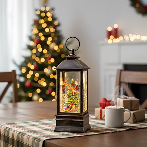 10'' Musical Snow Globe Lantern Lighted Christmas Tree and Flying Santa Water Lantern Swirling Glittering Home Decoration and Gift