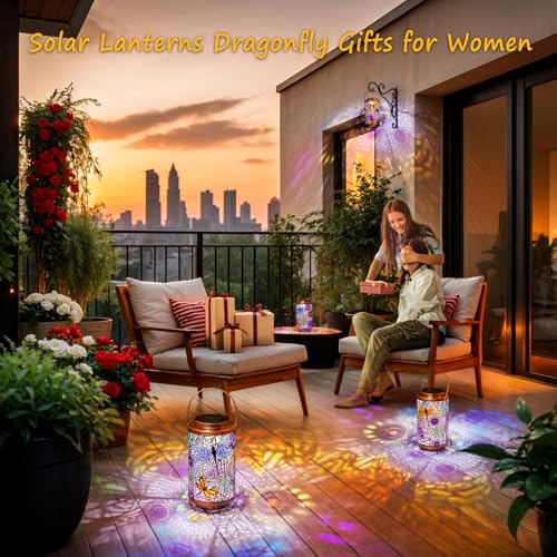 2Pack Solar Outdoor Lanterns Waterproof Multicolor Dragonfly Garden Gifts for Mom Women Backyard Lights Lanterns for Indoor (2 Count)