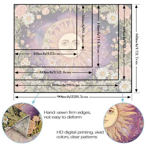 Vintage Sun and Moon Boho Hippie Purple Floral Tapestry 80 x 60 Inch