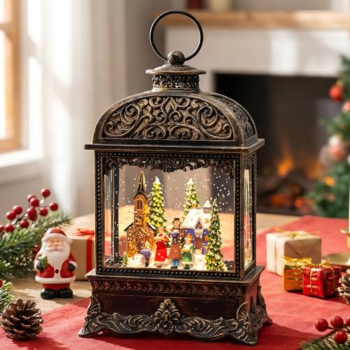 Christmas Village Snow Globe Water Lantern with Church Carolers Scene Battery Operated or USB Powered Musical Lighted Holiday Decoration for Tabletop Display for Family and Friends