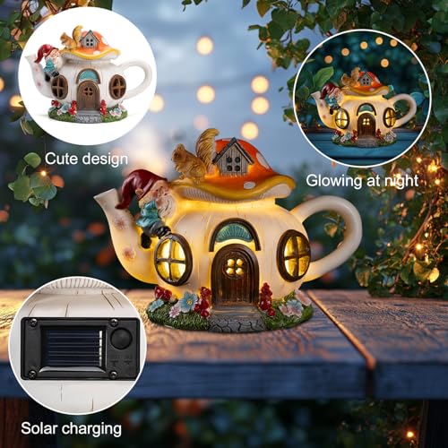 Solar Fairy House Garden Outdoor Statue with Gnome and Squirrel Figurine