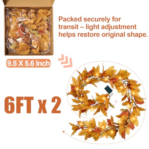 2PC Realistic Fall Garland for Mantle 6FT Fall Leaves Garland With Lights (2 Count)