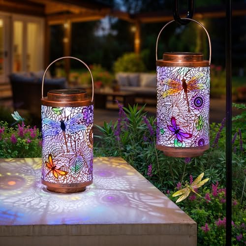 2Pack Solar Outdoor Lanterns Waterproof Multicolor Dragonfly Garden Gifts for Mom Women Backyard Lights Lanterns for Indoor (2 Count)