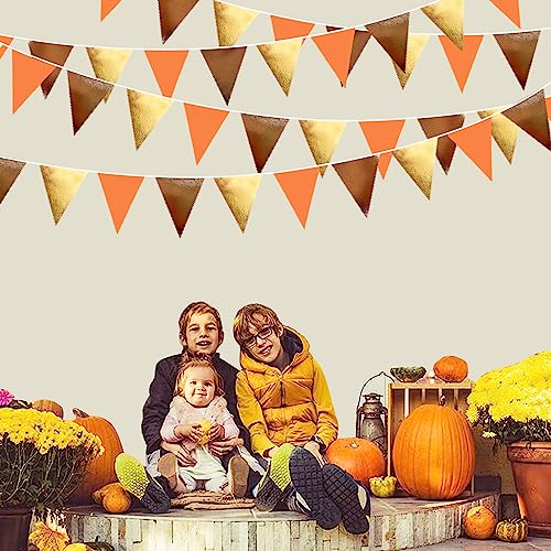 Fall Party Decorations Orange Gold Brown Metallic Fabric Triangle Pennant Banner Flag Bunting Garland for Autumn Fall Thanksgiving Wedding Birthday Bridal Shower Engagement Graduation Party Supplies (36 Count)