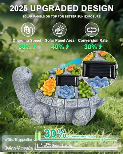 Solar Turtle Statue Garden Decor for Outside with Succulents & 7 LED Lights