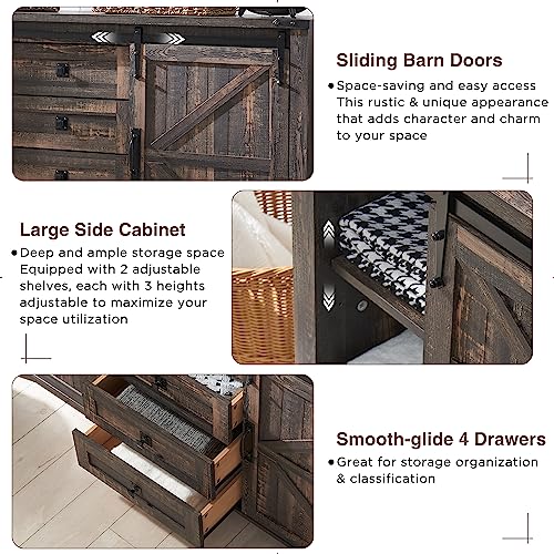 60 Inch Farmhouse Dresser with 4 Drawers and Sliding Barn Doors