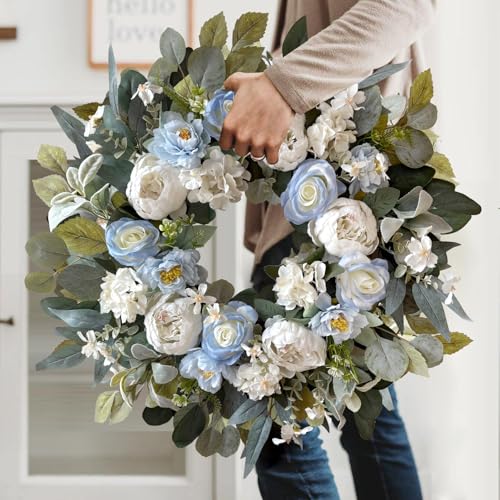 24 Inch Spring White Peony Wreath Baby Blue Rose Front Door