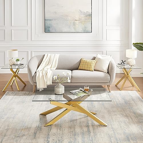 Gold Square Glass Side & End Table with Tempered Glass Top and Metal Tubular Legs