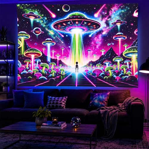 Blacklight Tapestry Alien UFO Neon Decor 78 x 59 Inch