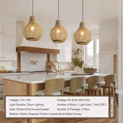 2 Pack Rattan Pendant Light Wicker Hanging Light Fixture (2 Count)
