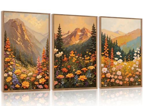 3 Pcs Mountain Wildflowers Framed Canvas Wall Art 16x24 Inch