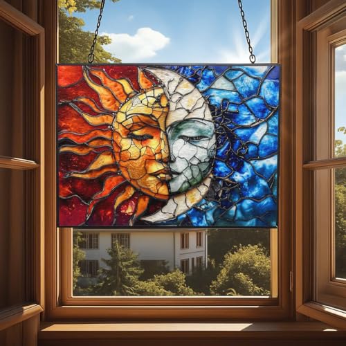 Rectangle Sun and Moon Stained Glass Suncatcher Window Hangings